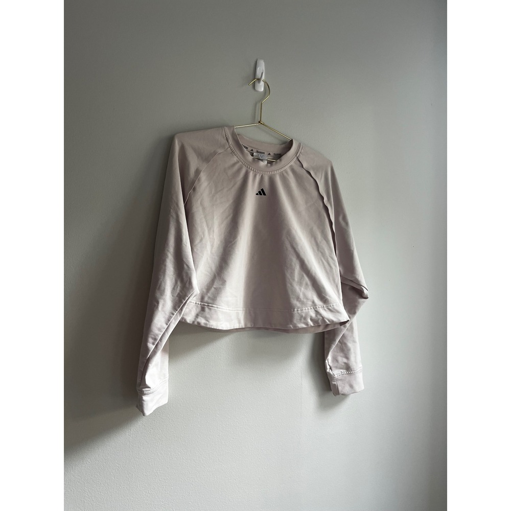 Adidas Womens Training Cropped Sweatshirt Beige Raglan Long Sleeve Logo Small